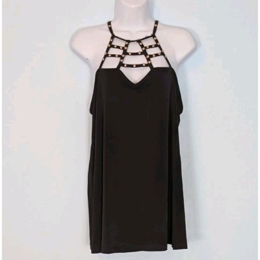 Torrid Studded Neckline Top Women's 0 Large Black Stretch Open Straps Rocker NEW